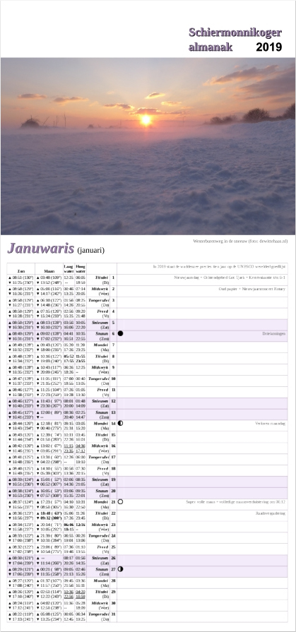 Januari-pagina op de Schiermonnikoger almanak 2019 met foto: Opkomende zon boven besneeuwd landschap met paars en roos(foto: Marjolein)