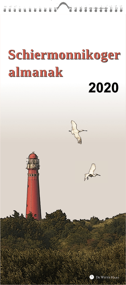 Foto van de vuurtoren met twee lepelaars vliegend boven struikgewas. Stripverhaal-achtig getekend. Bovenaan staat gedrukt "Schiermonnikoger almanak 2020"