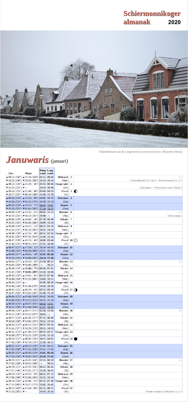 Januari-pagina op de Schiermonnikoger almanak 2020 met foto: Huizen aan de Langestreek onder een laagje sneeuw (foto: Marjolein)