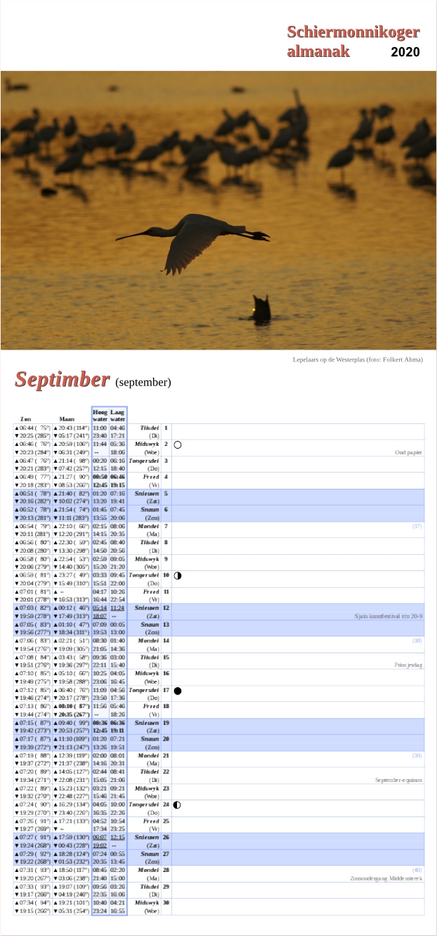 September-pagina op de Schiermonnikoger almanak 2020 met foto: Silhouetten van lepelaars tegen een oranje achtergrond van water bij zonsondergang (foto: Folkert)