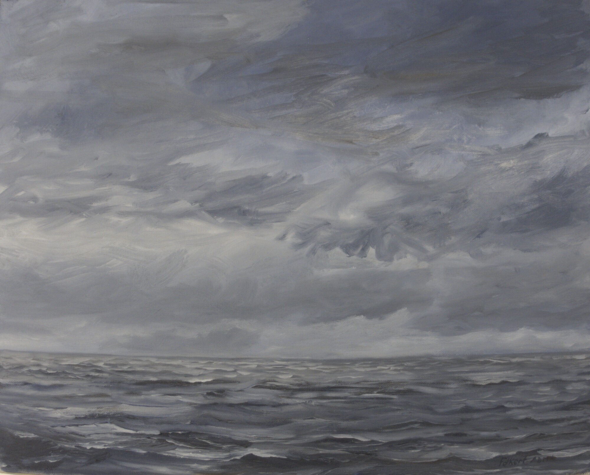 Zee met kleine golfjes en onrustige wolkenlucht geschilderd met olieverf