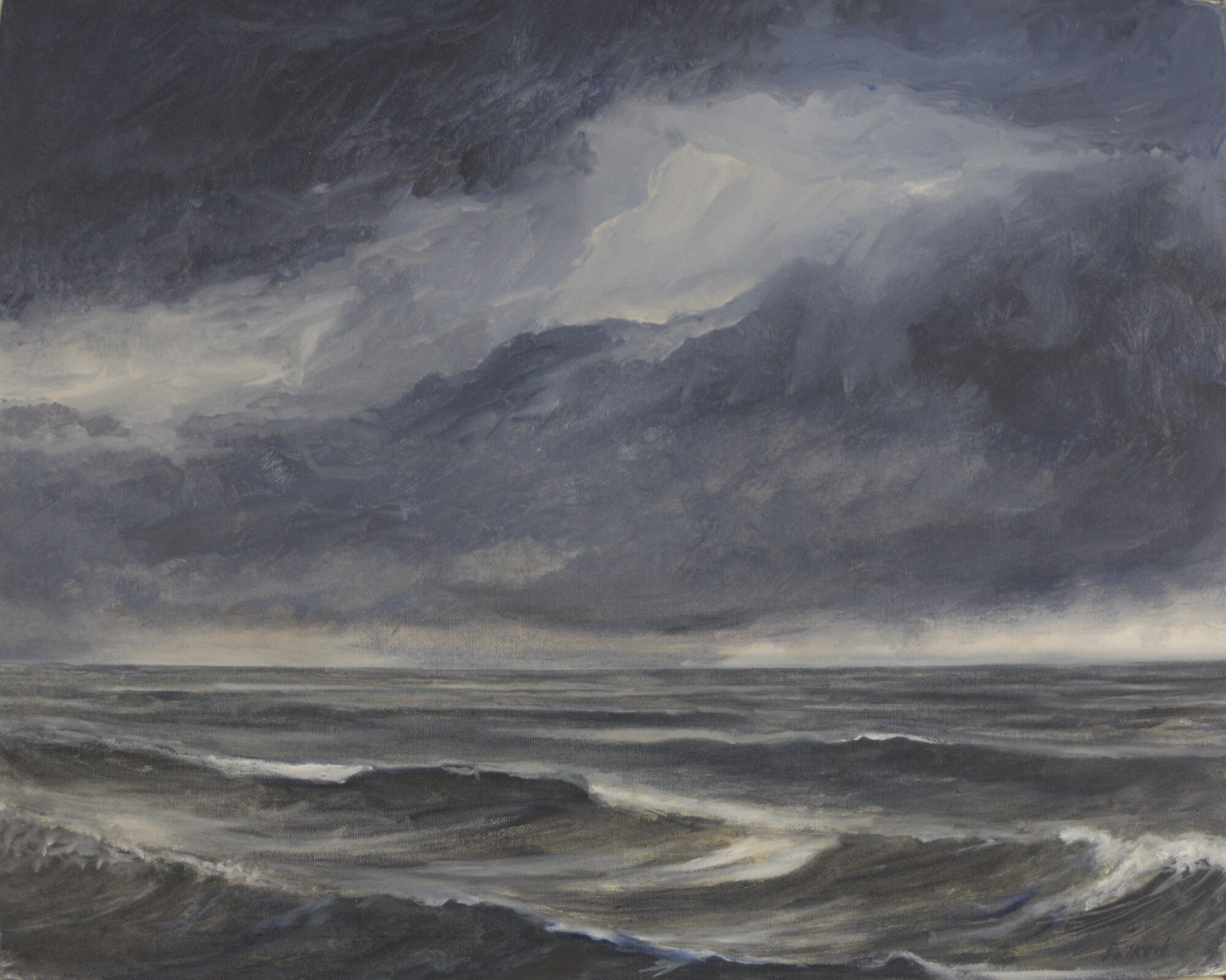 Zee met golven en wolkenlucht geschilderd in olieverf