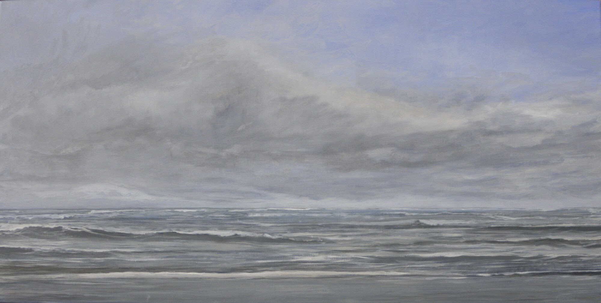 zee met golven en erboven een wolk tegen blauwe lucht, geschilderd in olieverf