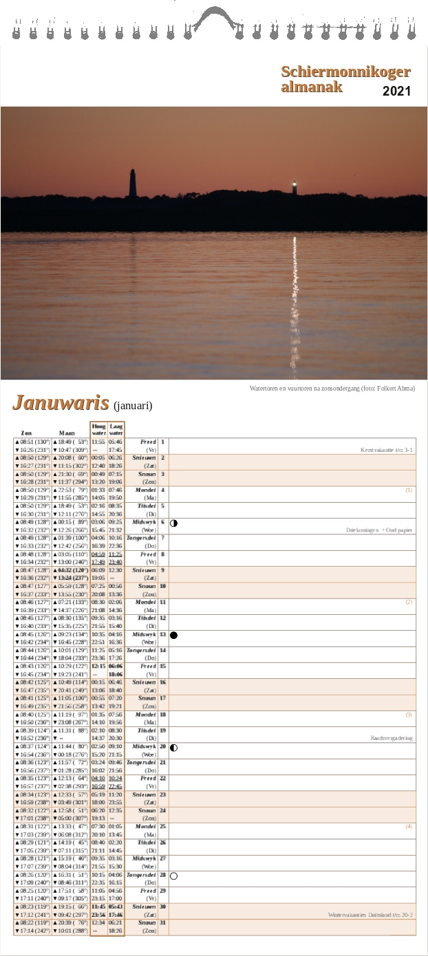 Januari-pagina op de Schiermonnikoger almanak 2021 met foto: Het silhouet van watertoren en vuurtoren aan de horizon met op de voorgrond een roodkleurige zee na zonsondergang. Het licht van de vuurtoren weerkaatst in het water. (foto: Folkert)