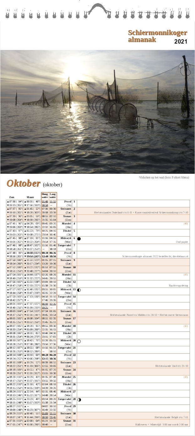 Oktober-pagina op de Schiermonnikoger almanak 2021 met foto: Een staand wand met fuik in zee met tegenlicht van de laaghangende zon. (foto: Folkert)