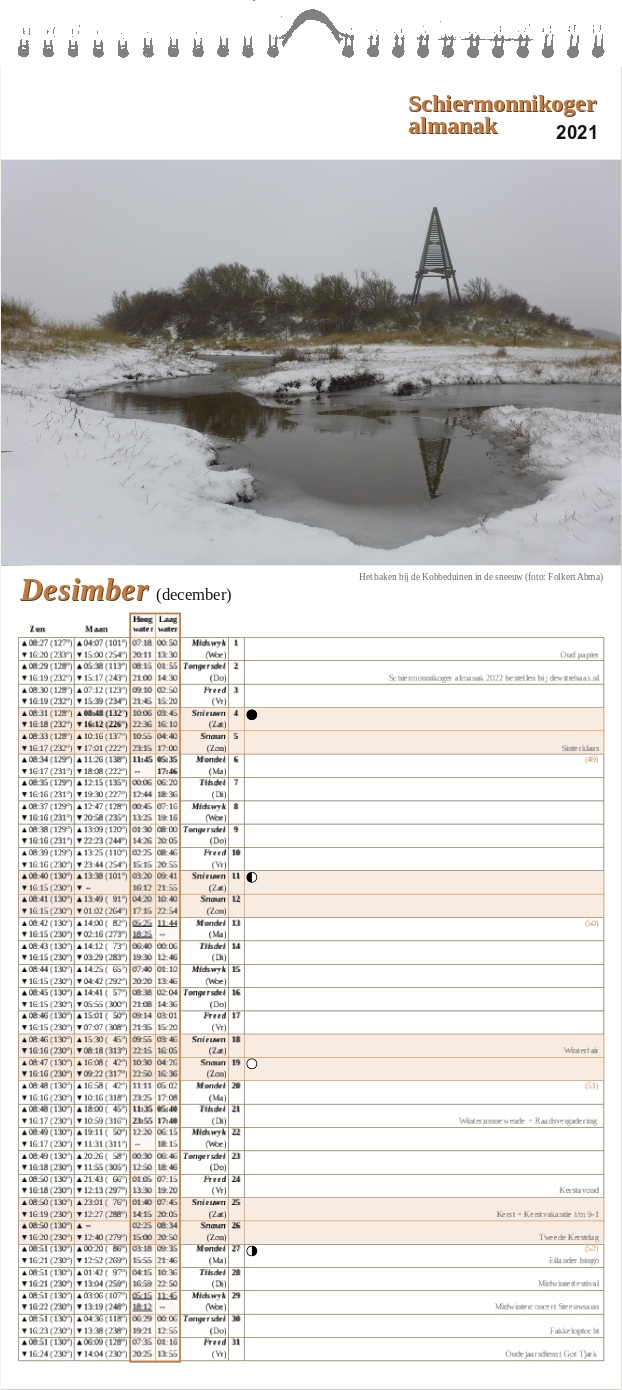 December-pagina op de Schiermonnikoger almanak 2021 met foto: Het baken van de Kobbeduinen wordt weerspiegeld in een plas. De omgeving is bedekt met een laagje sneeuw. (foto: Folkert)