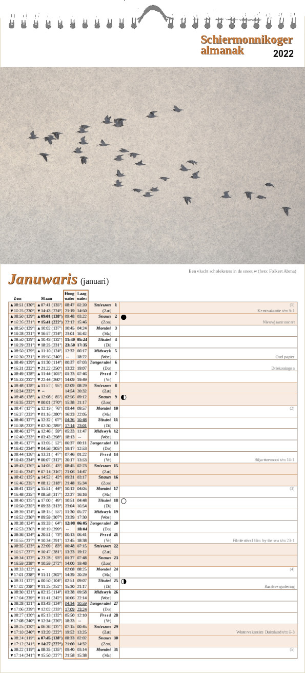 Januari op Schiermonnikoger almanak met foto van een vlucht scholeksters in de sneeuw - Foto: Folkert Abma
