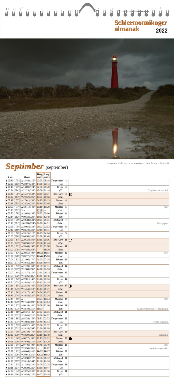 September op de Schiermonnikoger almanak 2022 met foto: dreigende lucht boven de vuurtoren (foto: Michiel Tebeest)