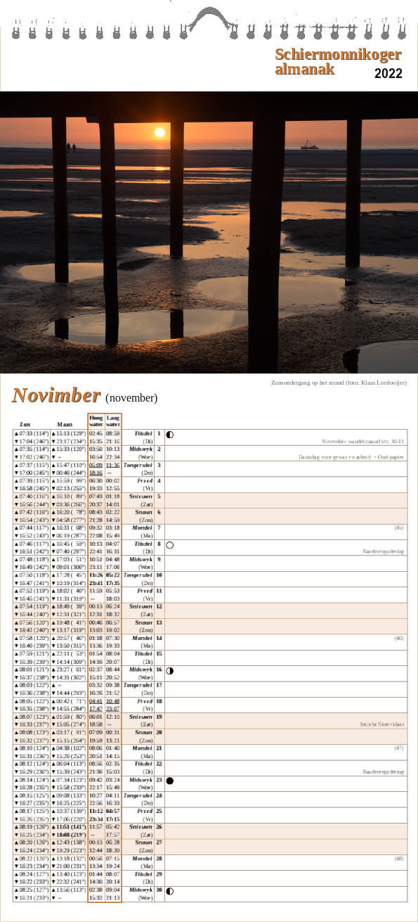 November op de Schiermonnikoger almanak 2022 met foto: Zonsondergang op het strand (foto: Klaas Leerlooijer)