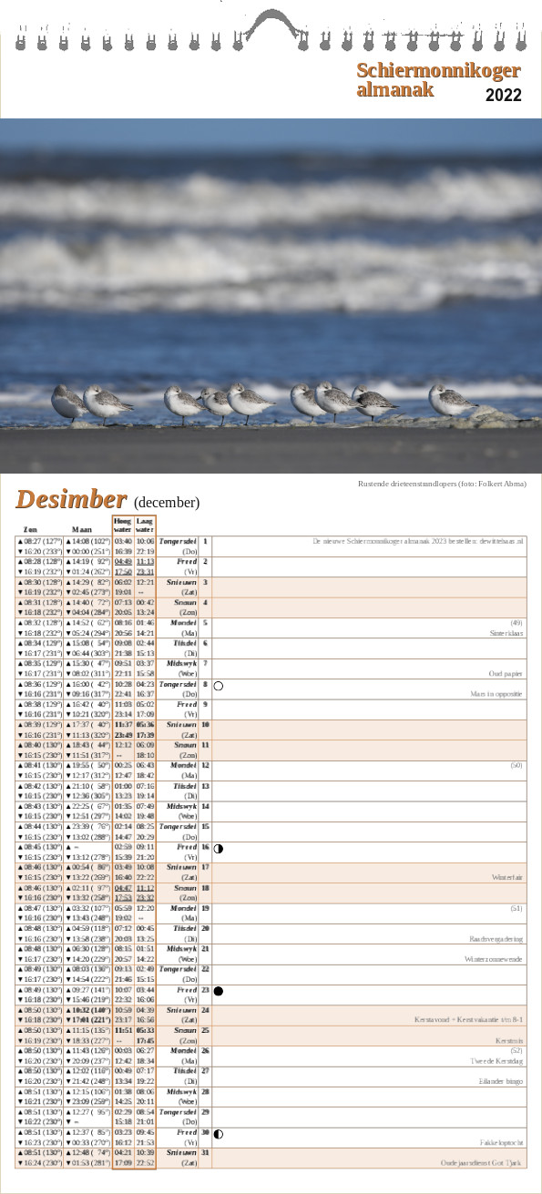 December op de Schiermonnikoger almanak 2022 met foto: rustende drieteenstrandlopers op een rij bij de vloedlijn (foto: Folkert Abma)