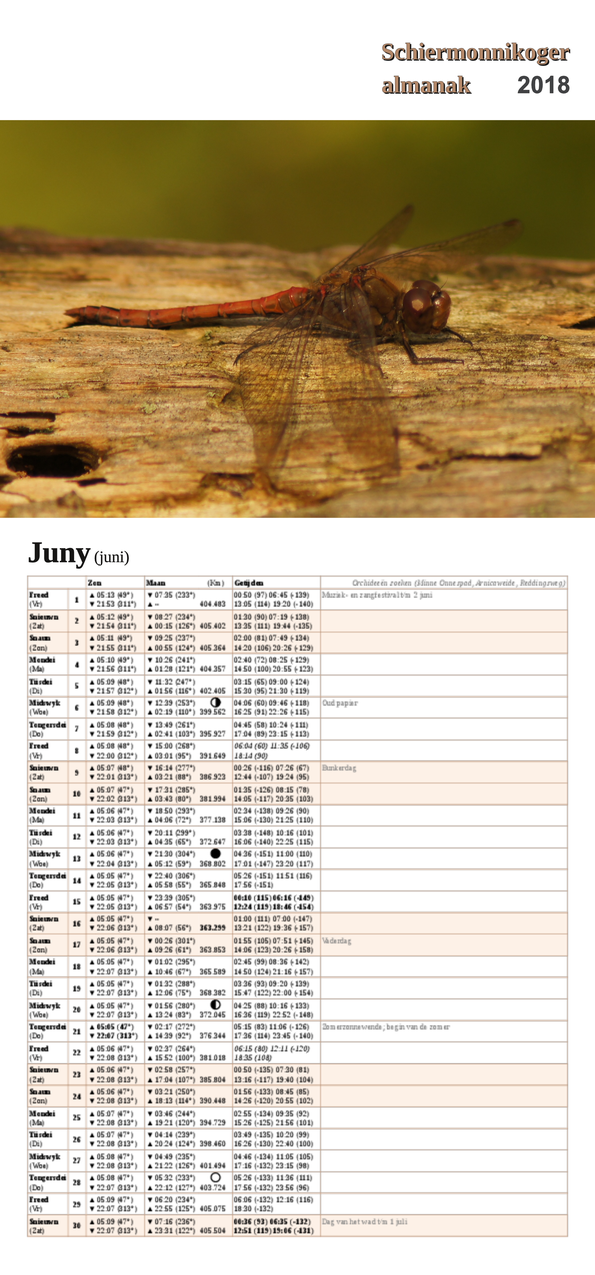 Juni-pagina op de Schiermonnikoger almanak 2018 met foto: Libel op een omgevallen boomstam (foto: Folkert)
