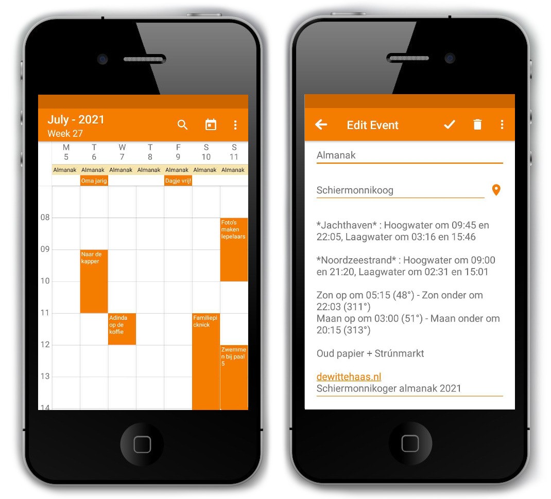 twee smartphones met op het scherm screenshots van een digitale kalender app