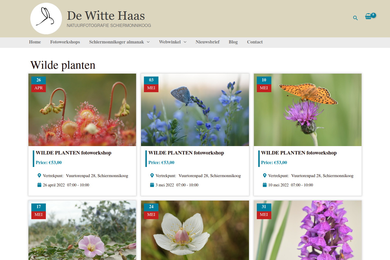 screenshot van webpagina waar alle wilde planten fotoworkshops op Schiermonnikoog staan vermeld