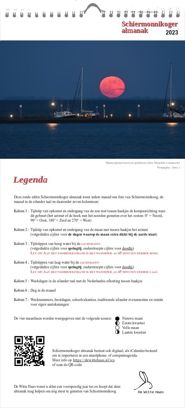 Schiermonnikoger almanak 2023 legenda-pagina met foto van opkomende maan boven de jachthaven van Schiermonnikoog