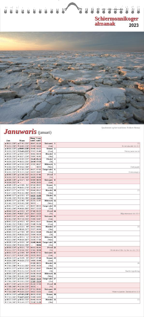Schiermonnikoger almanak 2023 pagina januari met foto van ijsschotsen op de waddenzee