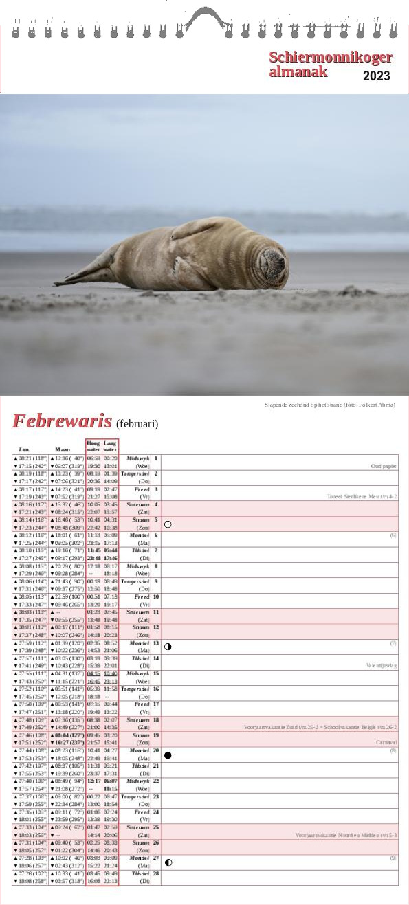 Schiermonnikoger almanak 2023 pagina februari met foto van een slapende zeehond op het strand