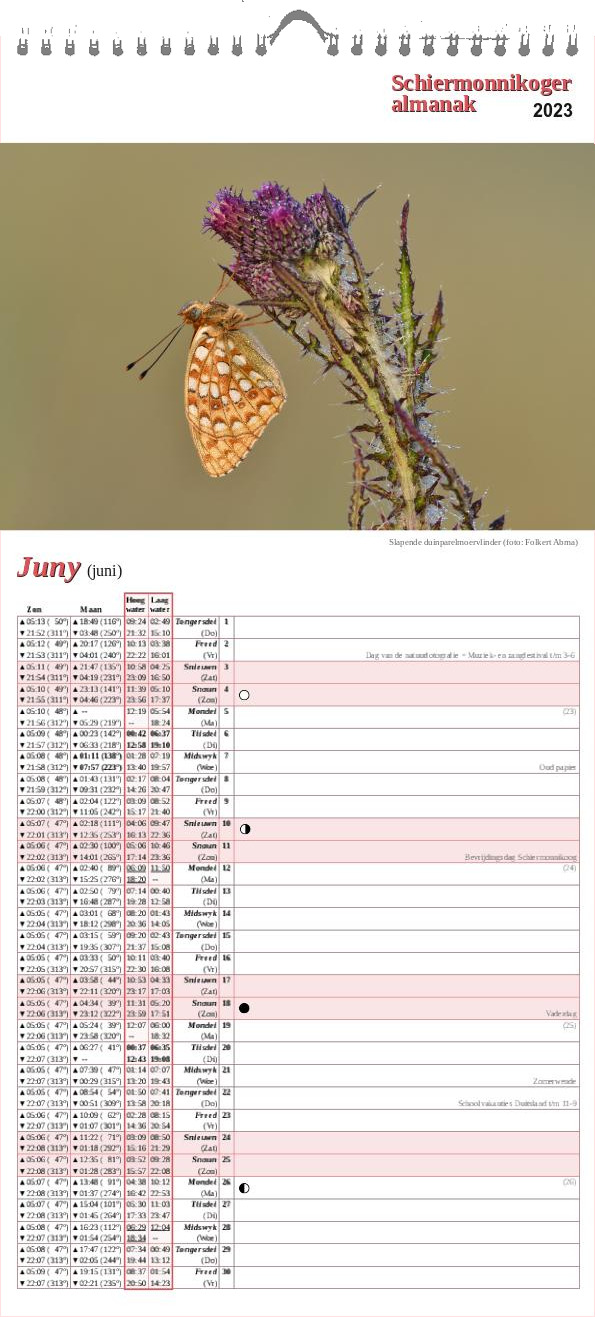 Schiermonnikoger almanak 2023 pagina juni met foto van een duinparelmoervlinder met dauwdruppels op de vleugels