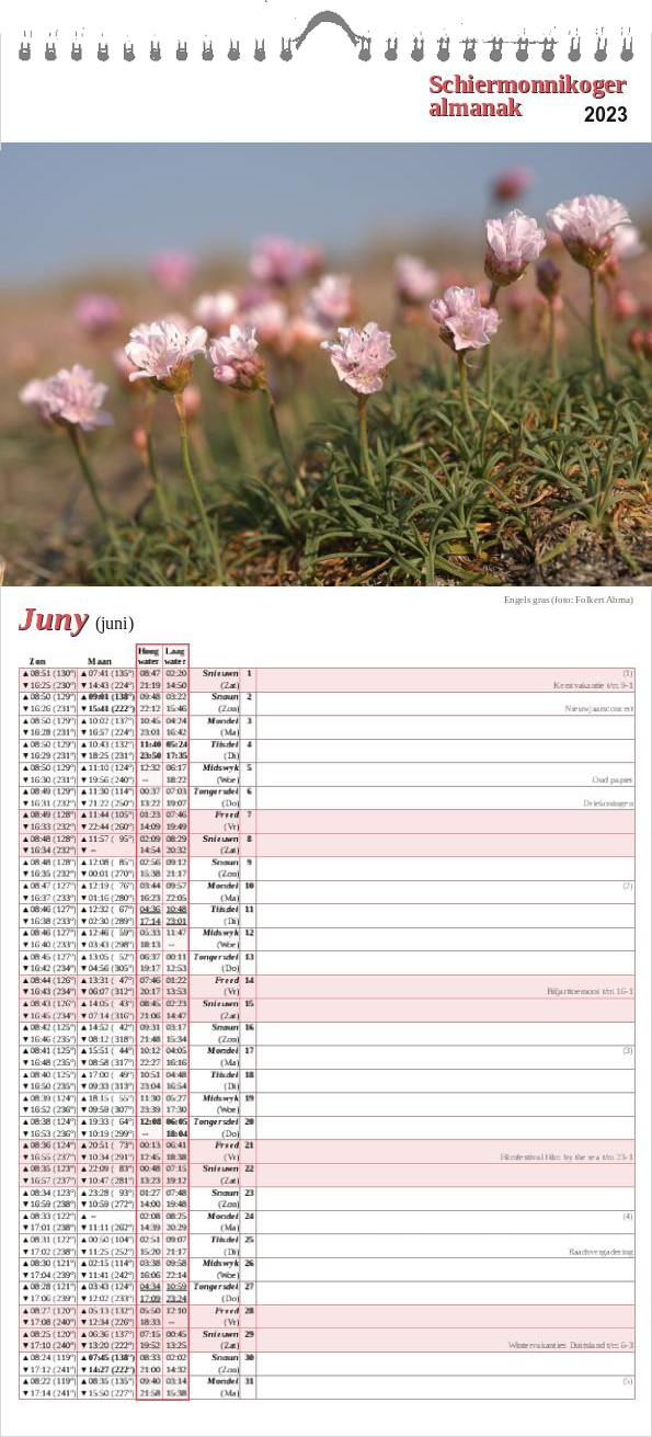 Schiermonnikoger almanak 2023 pagina juni met foto van bloeiend Engels gras