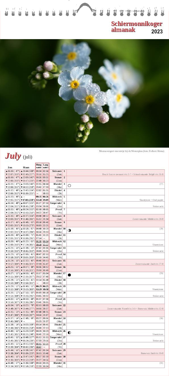 Schiermonnikoger almanak 2023 pagina juli met foto van een moerasvergeet-me-nietje