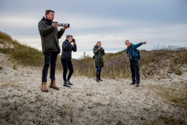 vier personen met fototoestel in de duinen. Een van de vier wijst en de andere kijken in die richting.