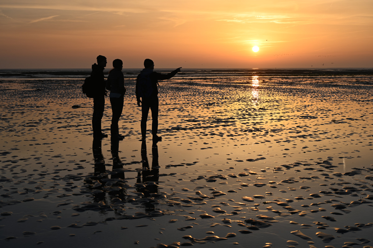 drie silhouetten bij zonsopkomst op de waddenzee. Laagwater.