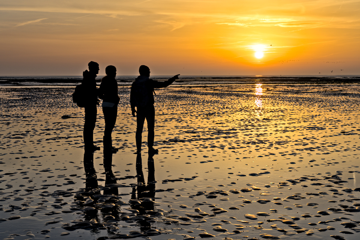 drie silhouetten bij zonsopkomst op de waddenzee. Laagwater.