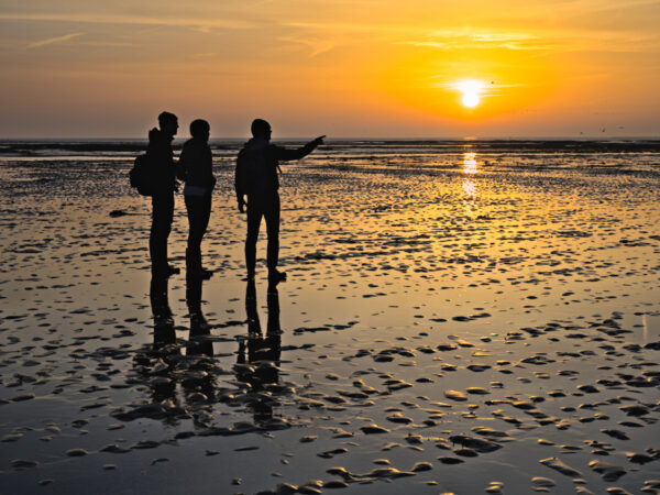 drie silhouetten bij zonsopkomst op de waddenzee. Laagwater.