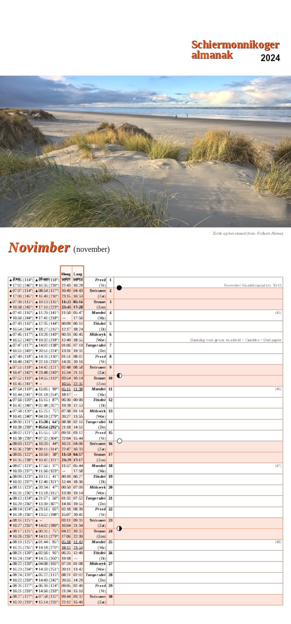Kalenderpagina voor november met titel Novimber en foto van zicht op strand en zee vanuit met helm begroeid duin.