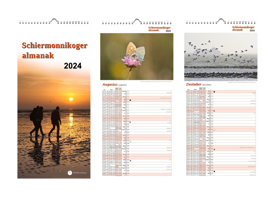 Drie pagina's uit een lange smalle kalender. Op de voorpagina drie silhouetten van wadlopers bij zonsopkomst. Pagina augustus twee vlinders op een roze bloem. Pagina december een vlucht vogels in de mist boven zee.