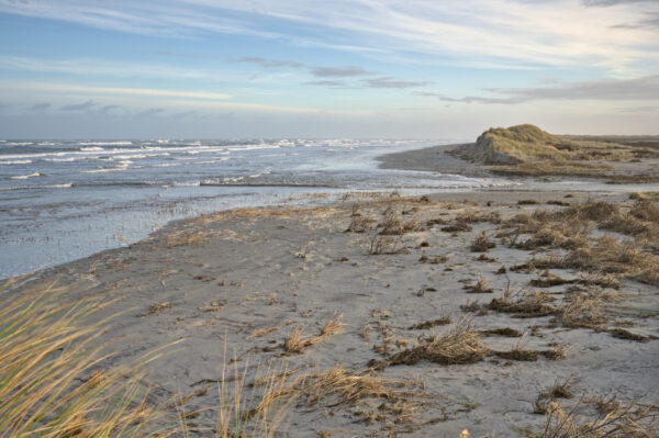 een geul zeewater doorkruist het strand