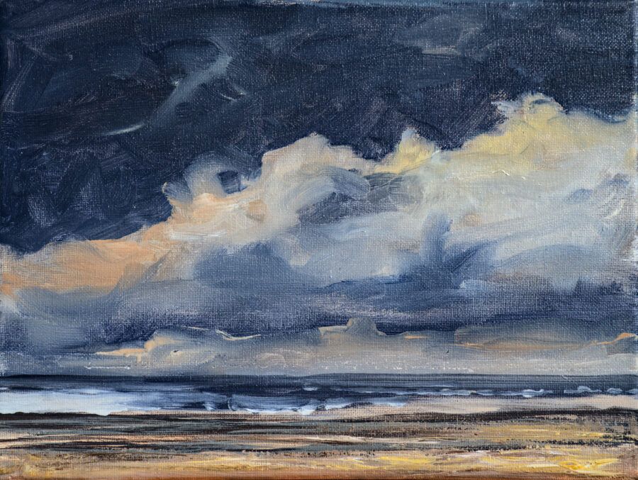 Olieverfschilderij van zee en wolken