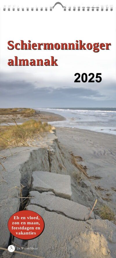 Kalenderpagina met spiraal, foto van afkalvend duin op het strand en opschrift Schiermonnikoger almanak 2025