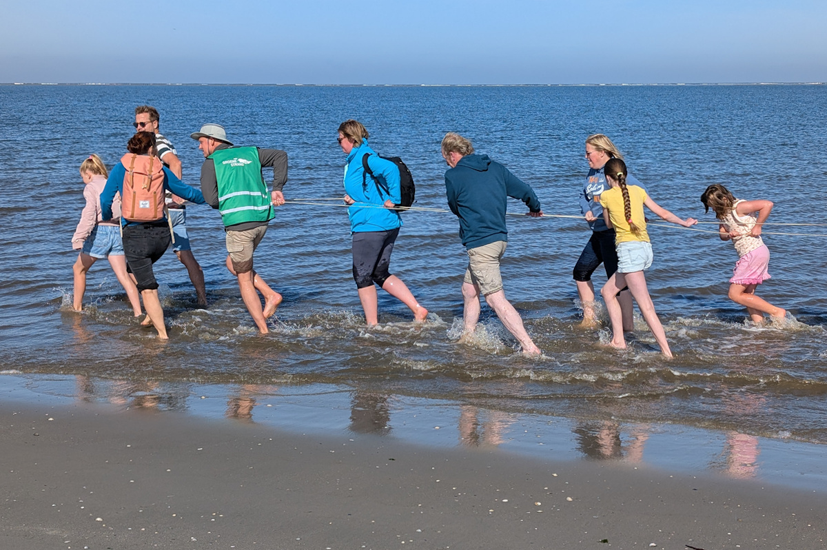 groep loopt blootvoets door het ondiepe zeewater, trekkend aan een touw