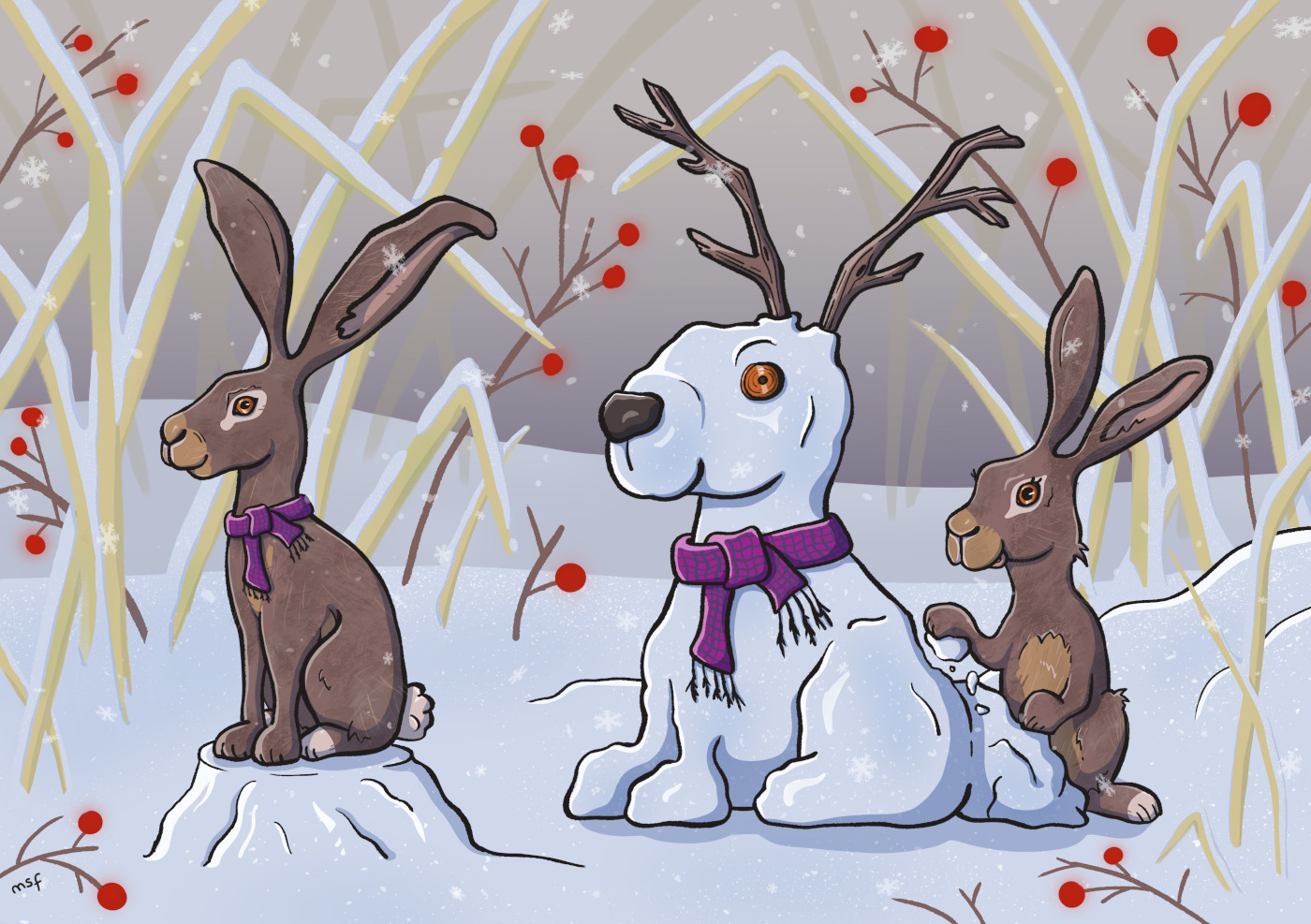 illustratie van twee hazen die een sneeuwpop in de vorm van een haas maken.
